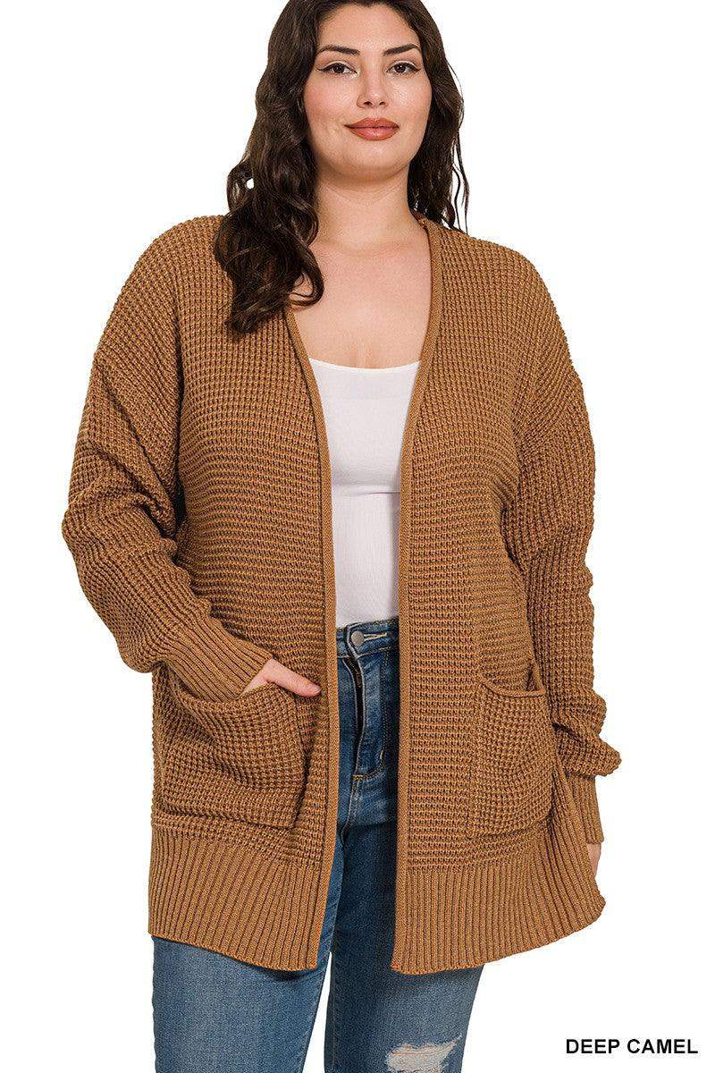 PLUS LOW GAUGE WAFFLE OPEN CARDIGAN SWEATER IN CAMEL - Esme and Elodie