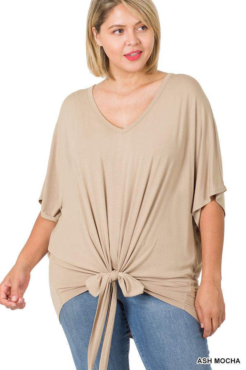 Plus Luxe V-Neck Tie Front Top in Ash Mocha - Esme and Elodie