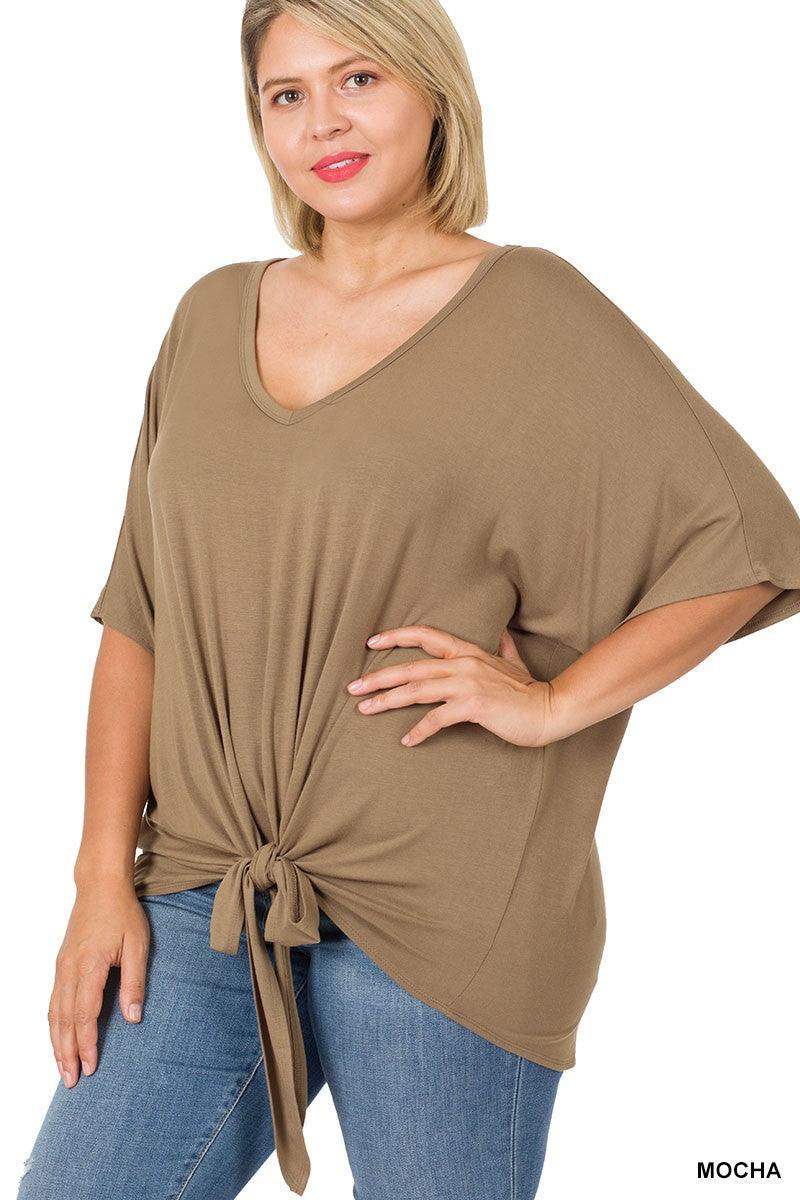 Plus Luxe V-Neck Tie Front Top in Mocha - Esme and Elodie