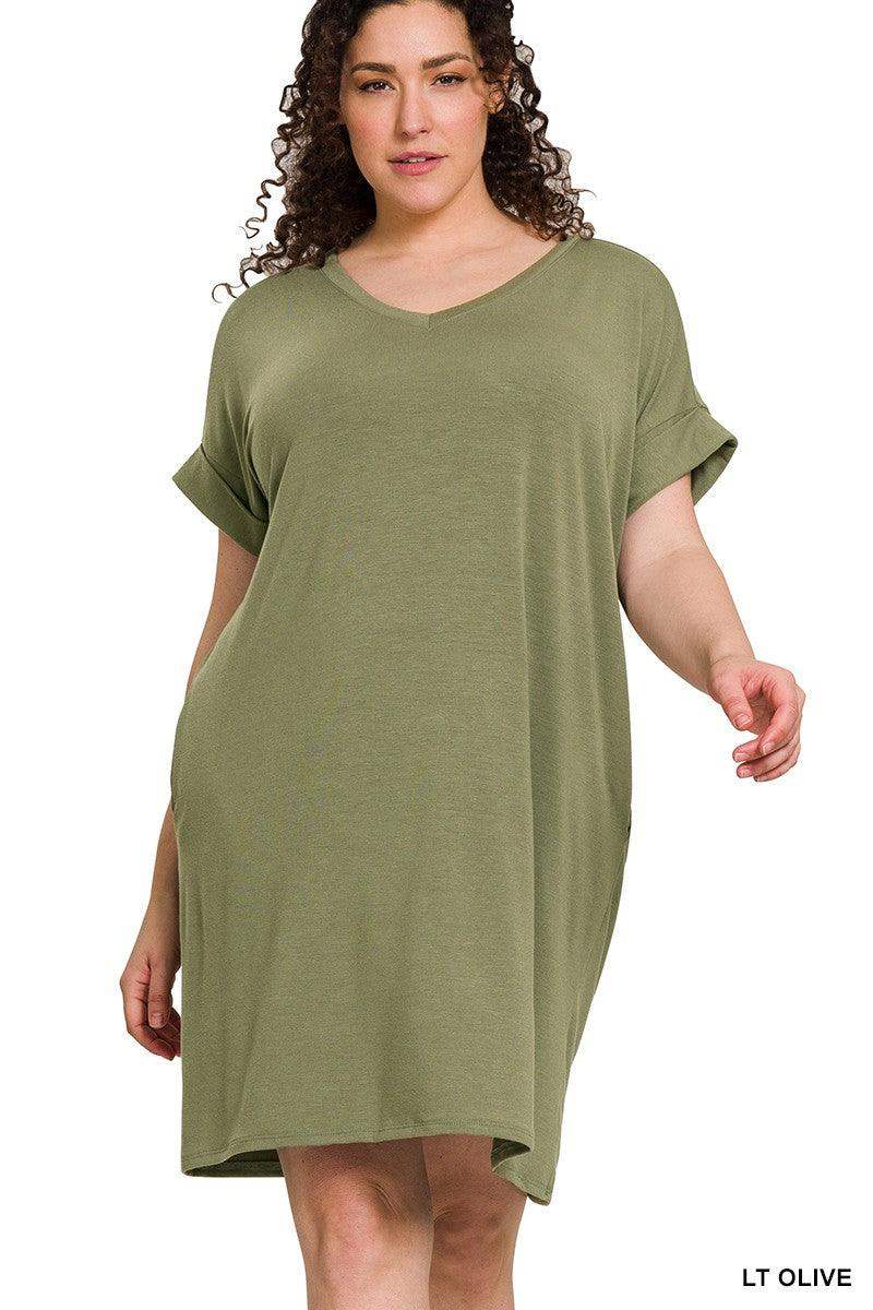 Plus Rolled V-Neck T Shirt Dress in Olive - Esme and Elodie