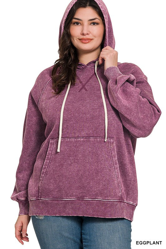 Plus Size Acid Wash Fleece Hoodie With Pockets - Esme and Elodie