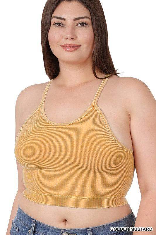 Plus Size Acid Washed Golden Mustard high neck ribbed bralette - Esme and Elodie