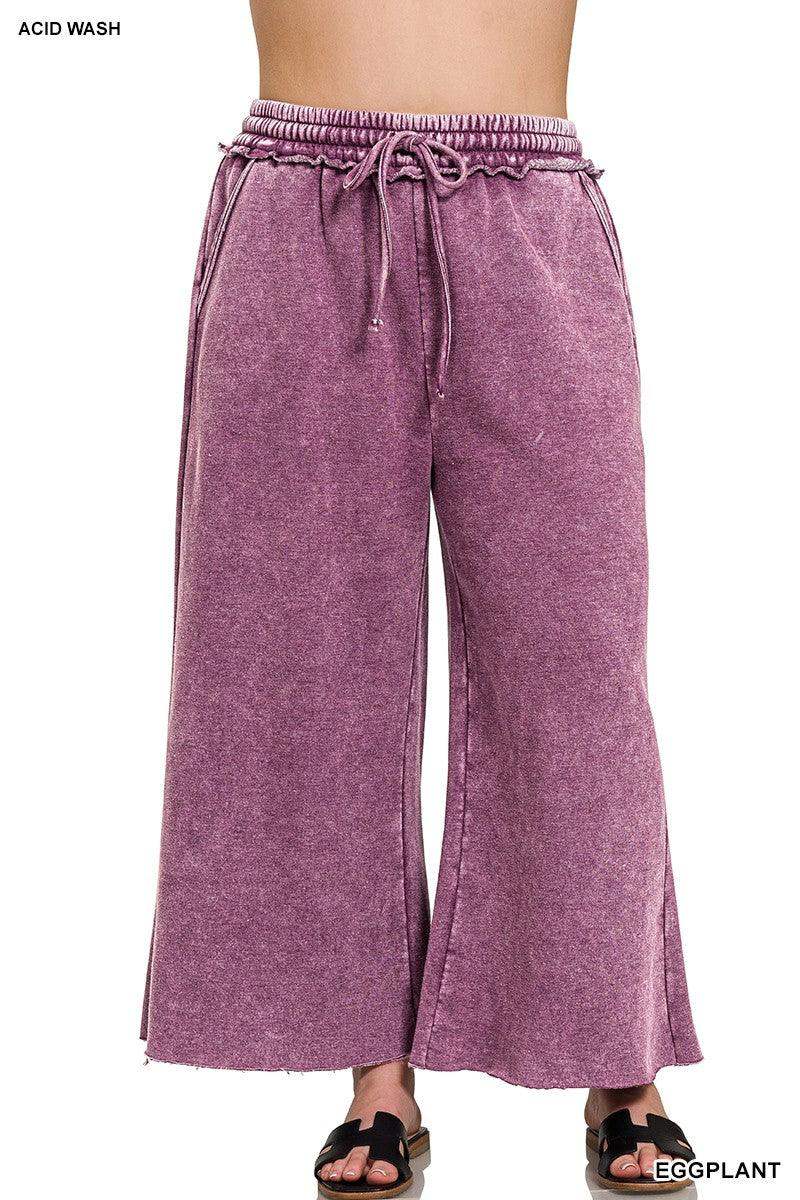 Plus Size acid washed palazzo pants with pockets in Eggplant - Esme and Elodie