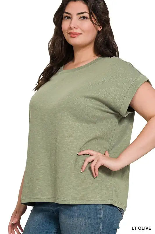 Plus Size Cotton Modal Slub Rolled Sleeve Tee Multiple Colors - Esme and Elodie