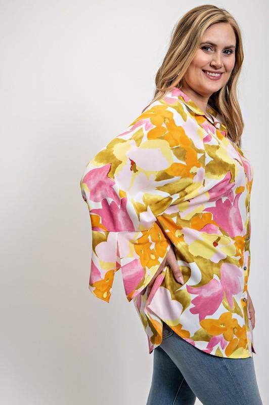 Plus Size Dolman Sleeve Button Down Shirt in Pink Floral - Esme and Elodie