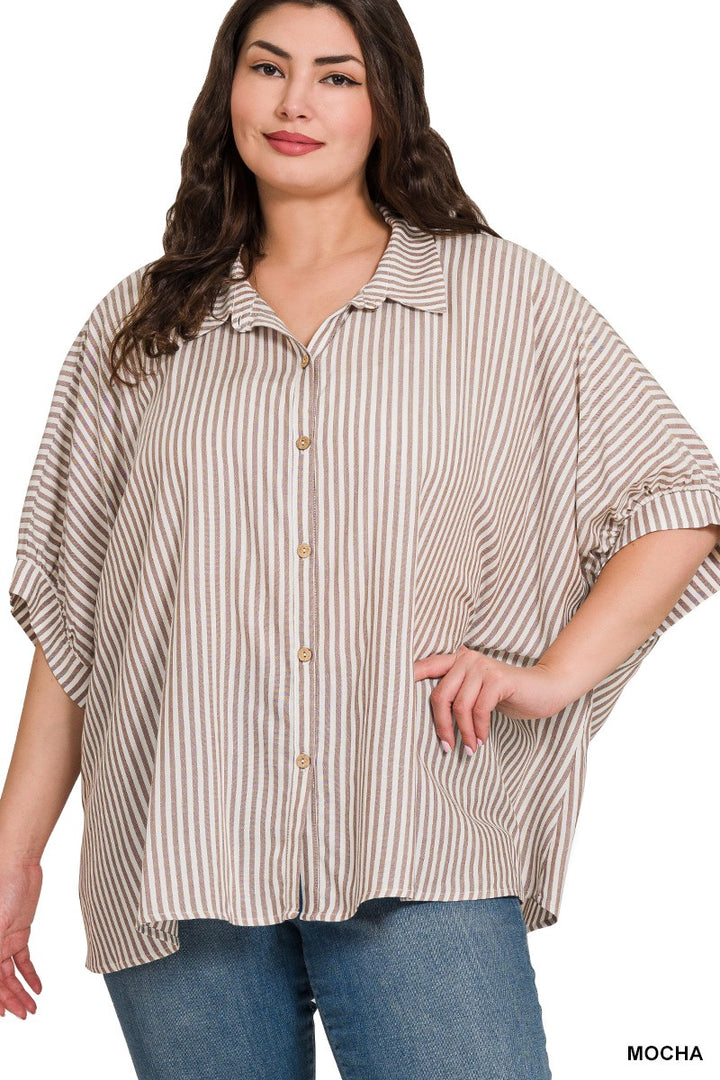 PLUS SIZE DOLMAN STRIPED BUTTON UP TOP IN MOCHA AND WHITE - Esme and Elodie