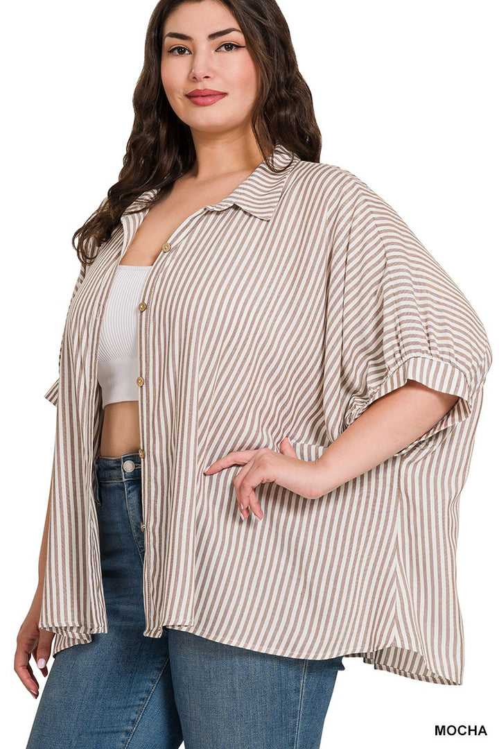 PLUS SIZE DOLMAN STRIPED BUTTON UP TOP IN MOCHA AND WHITE - Esme and Elodie