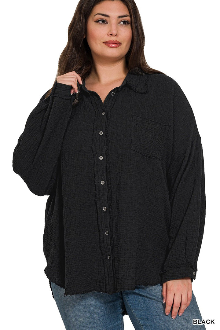 Plus Size double gauze oversized raw edge shirt in Black - Esme and Elodie