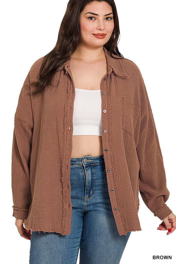 Plus Size double gauze oversized raw edge shirt in Brown - Esme and Elodie