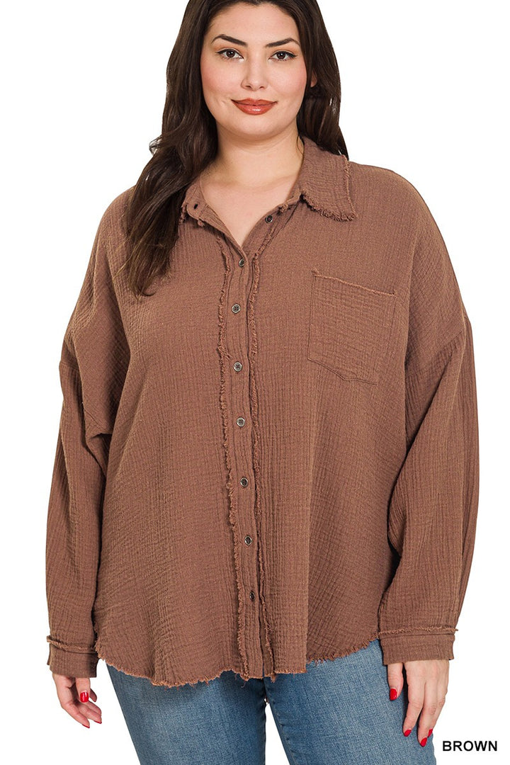Plus Size double gauze oversized raw edge shirt in Brown - Esme and Elodie