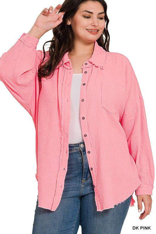 Plus Size double gauze oversized raw edge shirt in candy pink - Esme and Elodie