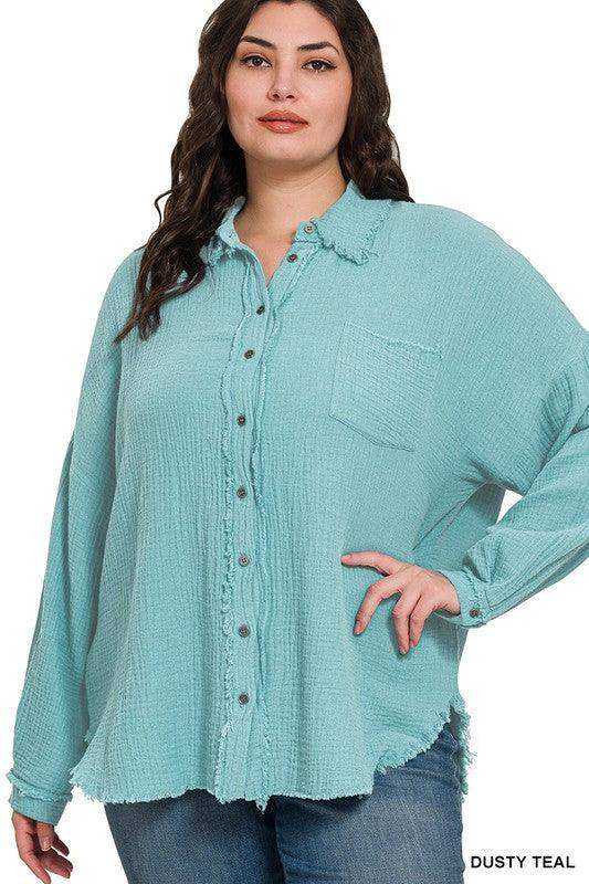 Plus Size double gauze oversized raw edge shirt in light teal - Esme and Elodie