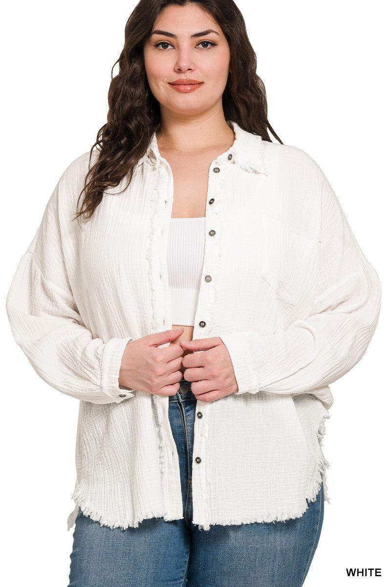 Plus Size double gauze oversized raw edge shirt in White - Esme and Elodie
