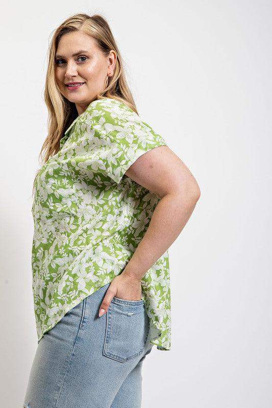 PLUS SIZE Floral Printed Half Button Popover Top - Esme and Elodie