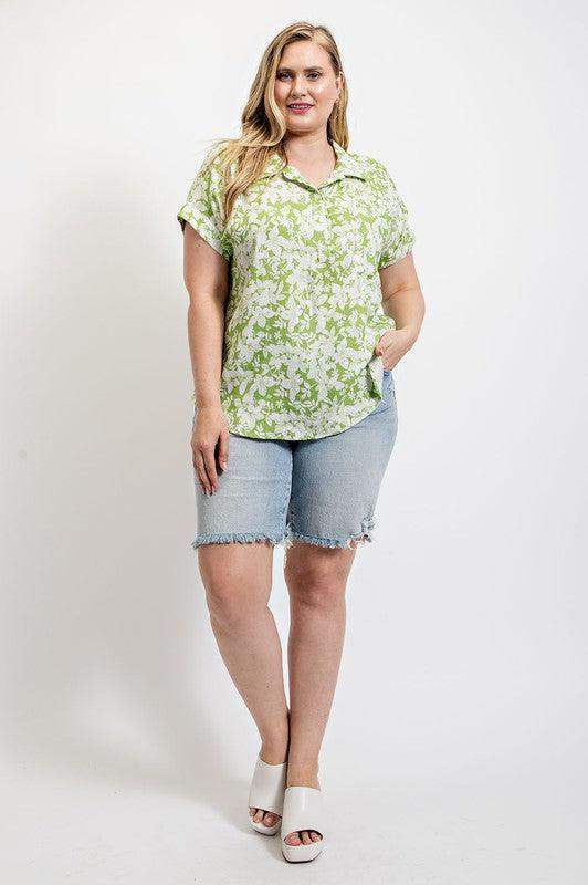 PLUS SIZE Floral Printed Half Button Popover Top - Esme and Elodie