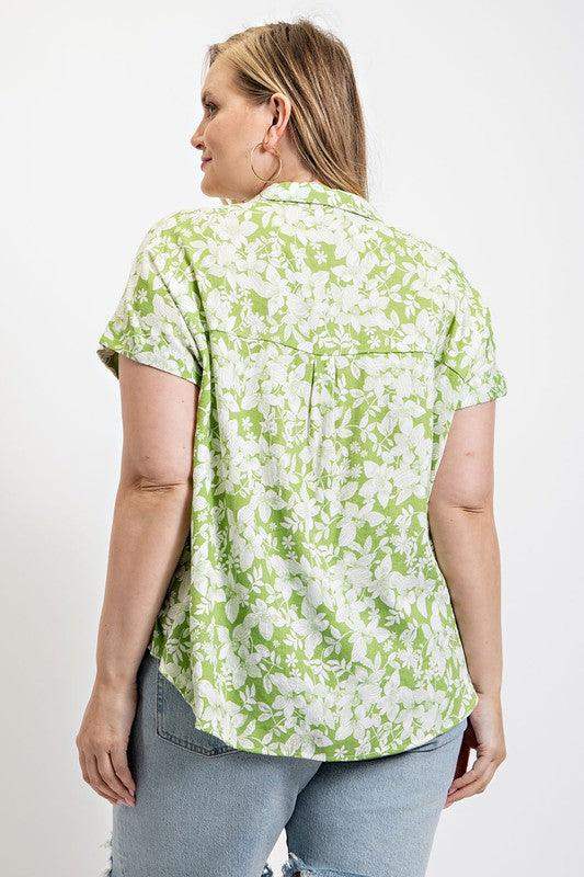 PLUS SIZE Floral Printed Half Button Popover Top - Esme and Elodie