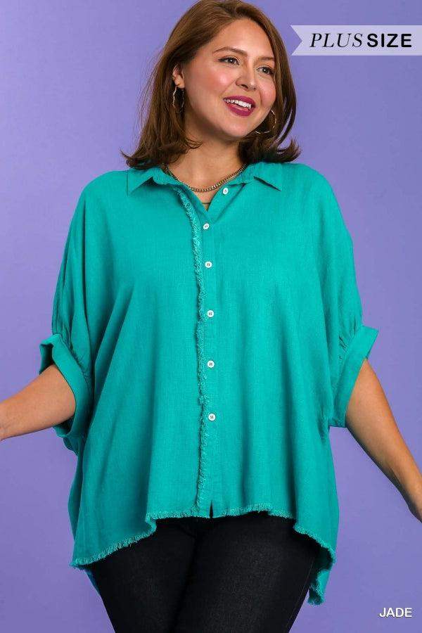Plus Size Linen Blend button down top in jade - Esme and Elodie