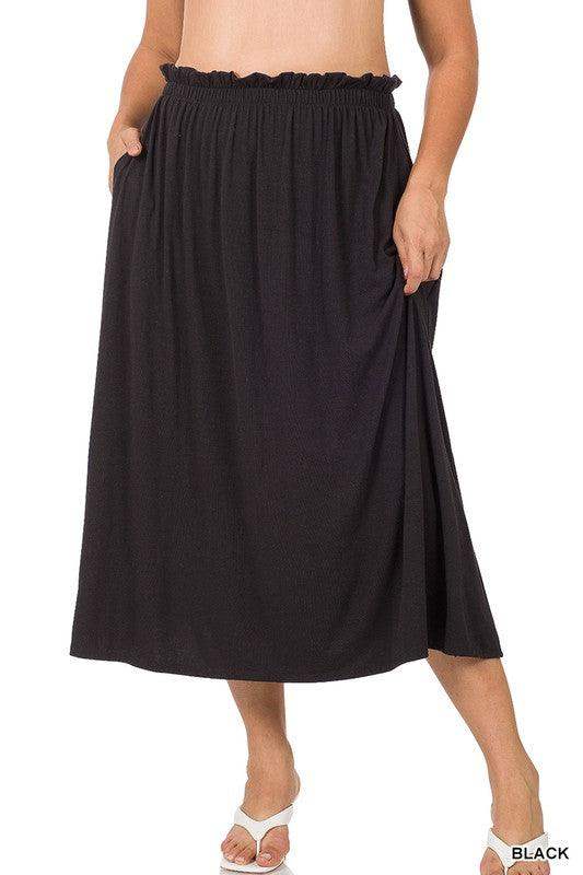 PLUS SIZE PAPERBAG WAIST MIDI SKIRT WITH POCKETS IN BLACK - Esme and Elodie