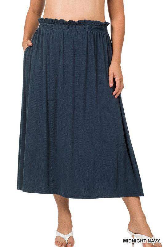 PLUS SIZE PAPERBAG WAIST MIDI SKIRT WITH POCKETS IN NAVY BLUE - Esme and Elodie