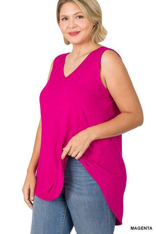 Plus size PLUS LUXE RAYON SLEEVELESS V-NECK HI-LOW HEM TOP in magenta - Esme and Elodie