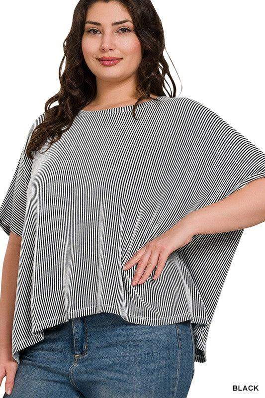 Plus size ribbed striped oversized boxy short sleeve top in black - Esme and Elodie