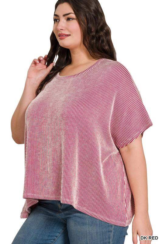 Plus size ribbed striped oversized boxy short sleeve top in dark red - Esme and Elodie