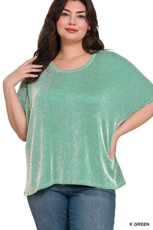 Plus size ribbed striped oversized boxy short sleeve top in kelly green - Esme and Elodie