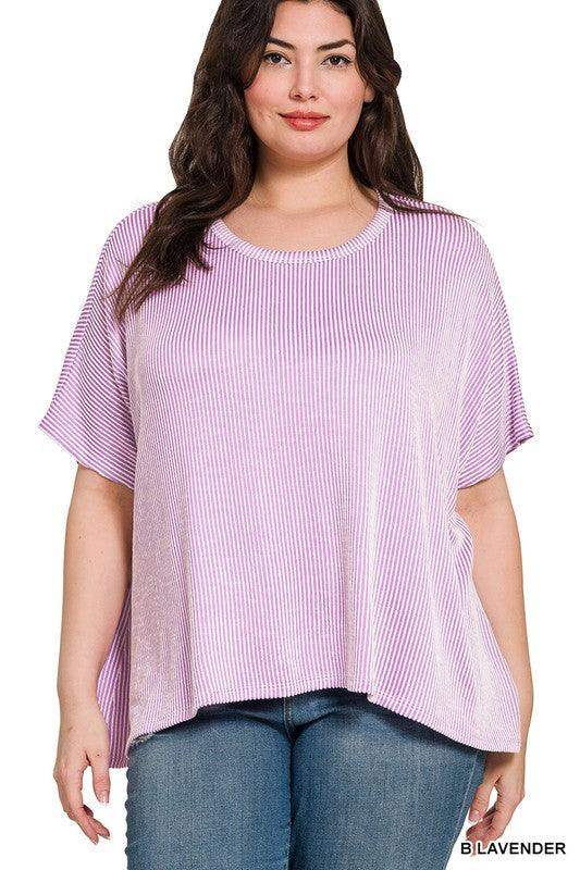 Plus size ribbed striped oversized boxy short sleeve top in lavendar - Esme and Elodie
