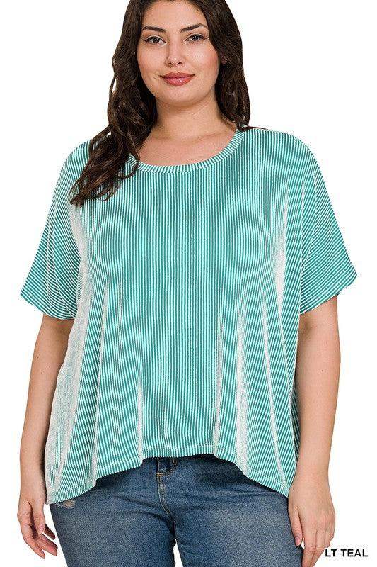Plus size ribbed striped oversized boxy short sleeve top in lt teal - Esme and Elodie