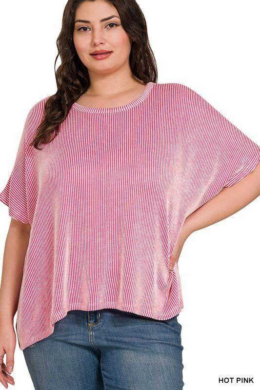 Plus size ribbed striped oversized boxy short sleeve top in pink - Esme and Elodie