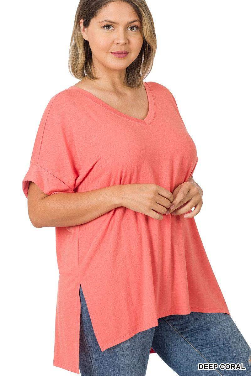 Plus Size Rolled Sleeve Hi/Lo shirt in Deep Coral - Esme and Elodie