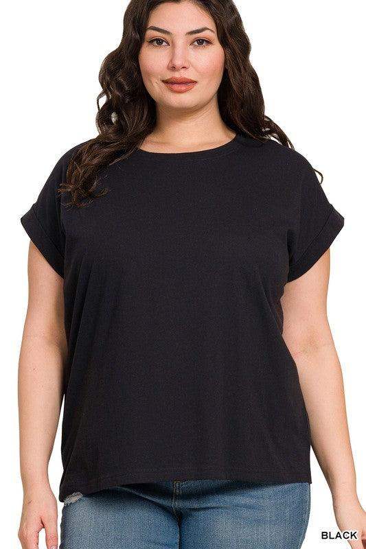 Plus Size round neck folded short sleeve t-shirt in black - Esme and Elodie