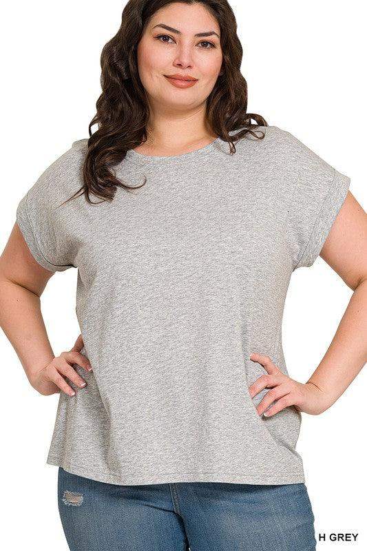 Plus Size round neck folded short sleeve t-shirt in grey - Esme and Elodie