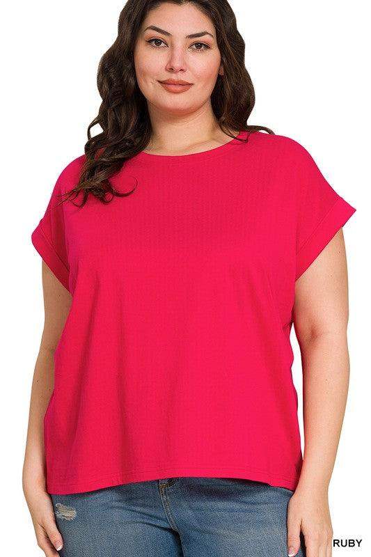 Plus Size round neck folded short sleeve t-shirt in ruby - Esme and Elodie