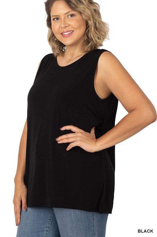 Plus Size Side Slip Sleeveless Tank Top in Black - Esme and Elodie