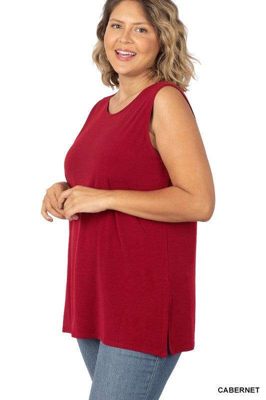 Plus Size Side Slip Sleeveless Tank Top in Burgundy - Esme and Elodie
