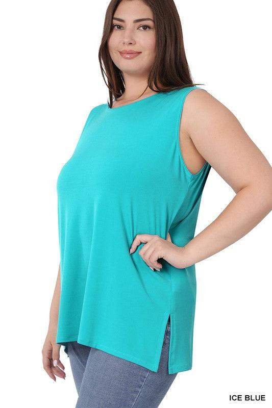Plus Size Side Slip Sleeveless Tank Top in Ice Blue - Esme and Elodie