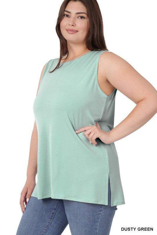 Plus Size Side Slip Sleeveless Tank Top in Sage - Esme and Elodie