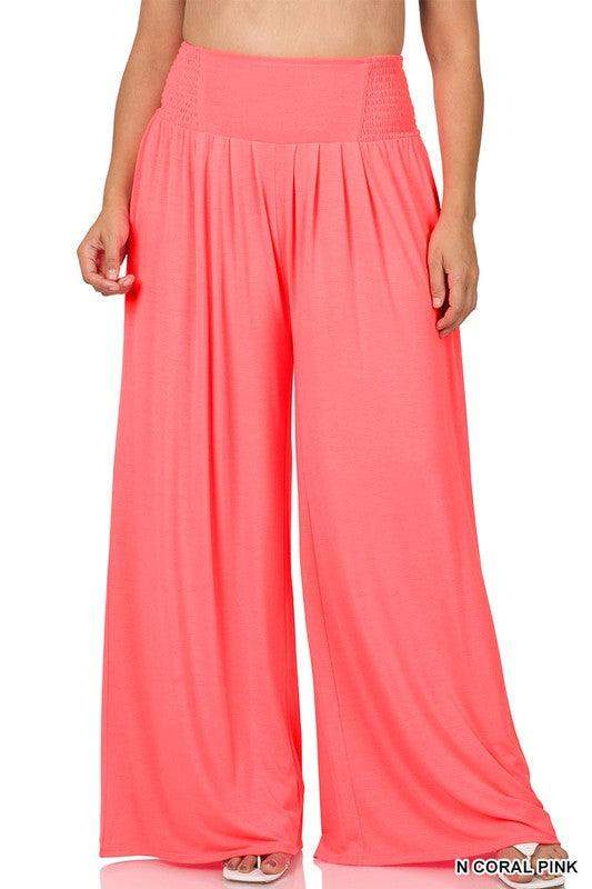 Plus Size smocked waist band wide leg pants in coral - Esme and Elodie
