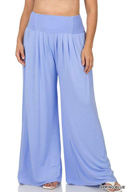 Plus Size smocked waist band wide leg pants in spring blue - Esme and Elodie