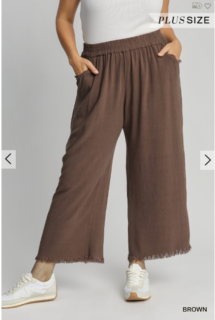 Plus Size Umgee Frayed Hem Wide Leg Linen Pant with Pockets - Esme and Elodie