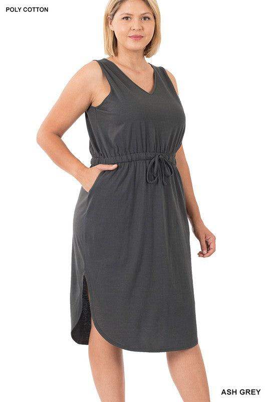 Plus Size Zenana Ash Gray curved hem dress with drawstring waist - Esme and Elodie