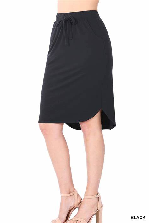 Plus Size Zenana elastic waist self tie tulip hem skirt in BLACK - Esme and Elodie