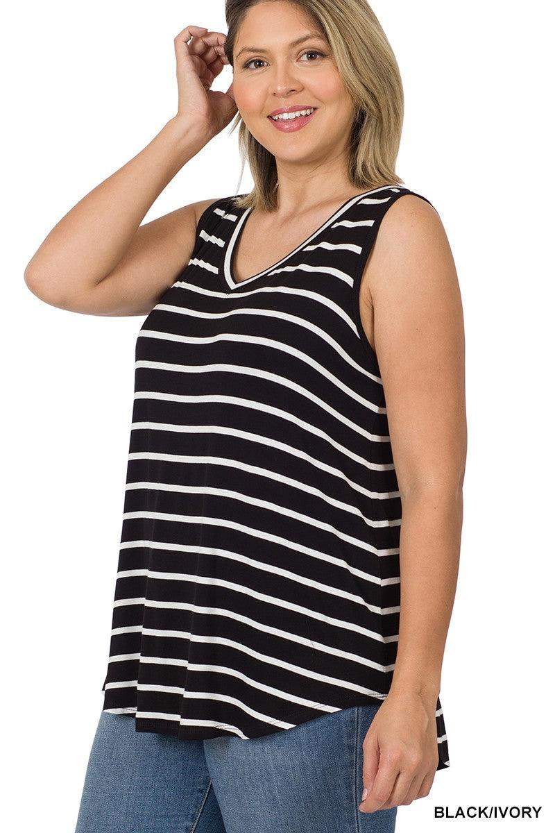 PLUS STRIPE SLEEVELESS V-NECK TOP in Black Feat. Ivory - Esme and Elodie