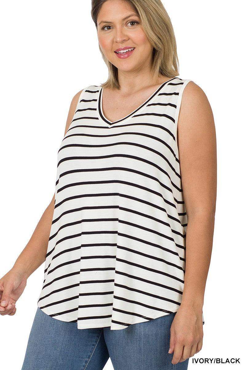 PLUS STRIPE SLEEVELESS V-NECK TOP in Ivory Feat. Black - Esme and Elodie