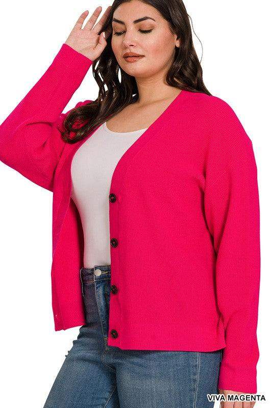 PLUS VISCOSE SWEATER CARDIGAN IN VIVA MAGENTA (RED) - Esme and Elodie