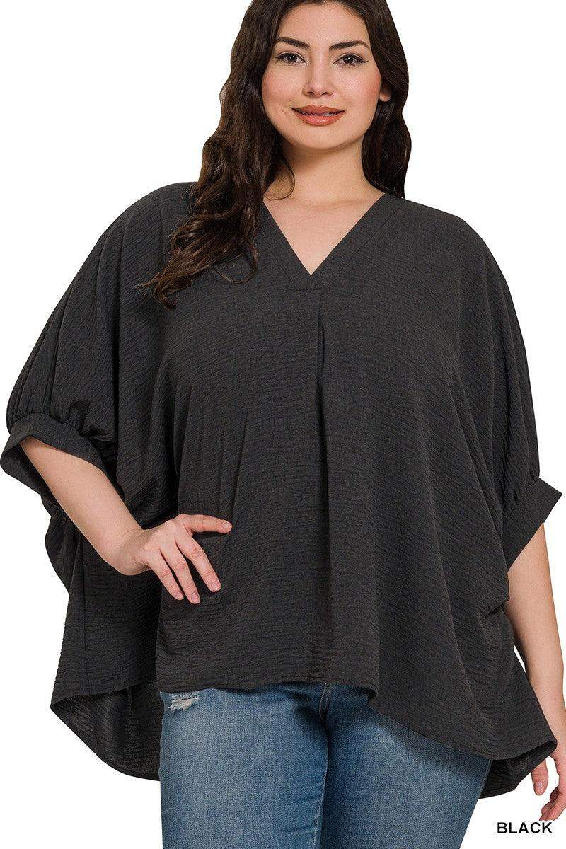 PLUS WOVEN AIRFLOW V-NECK PUFF HALF SLEEVE TOP - Black - Esme and Elodie