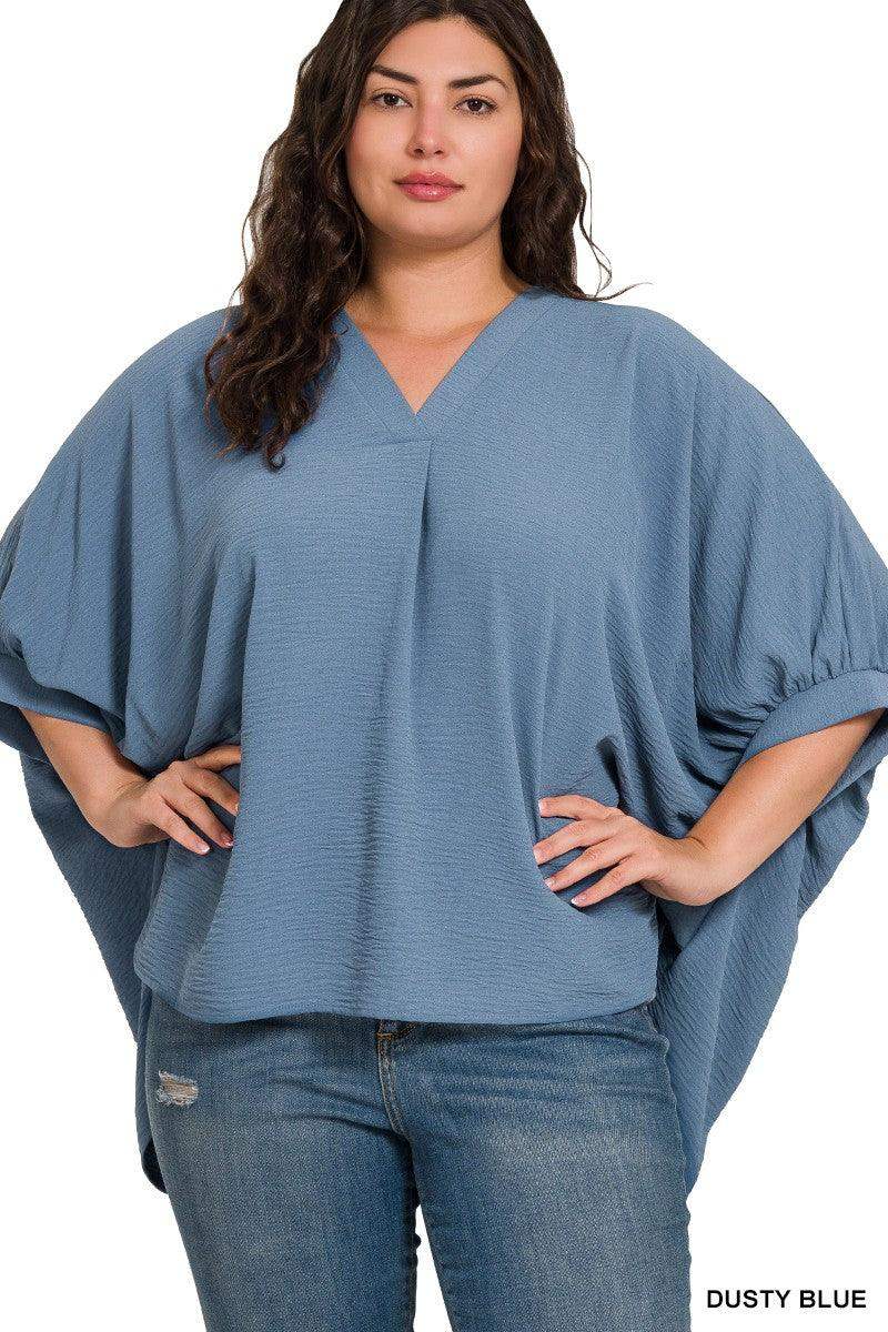 PLUS WOVEN AIRFLOW V-NECK PUFF HALF SLEEVE TOP - Dusty Blue - Esme and Elodie