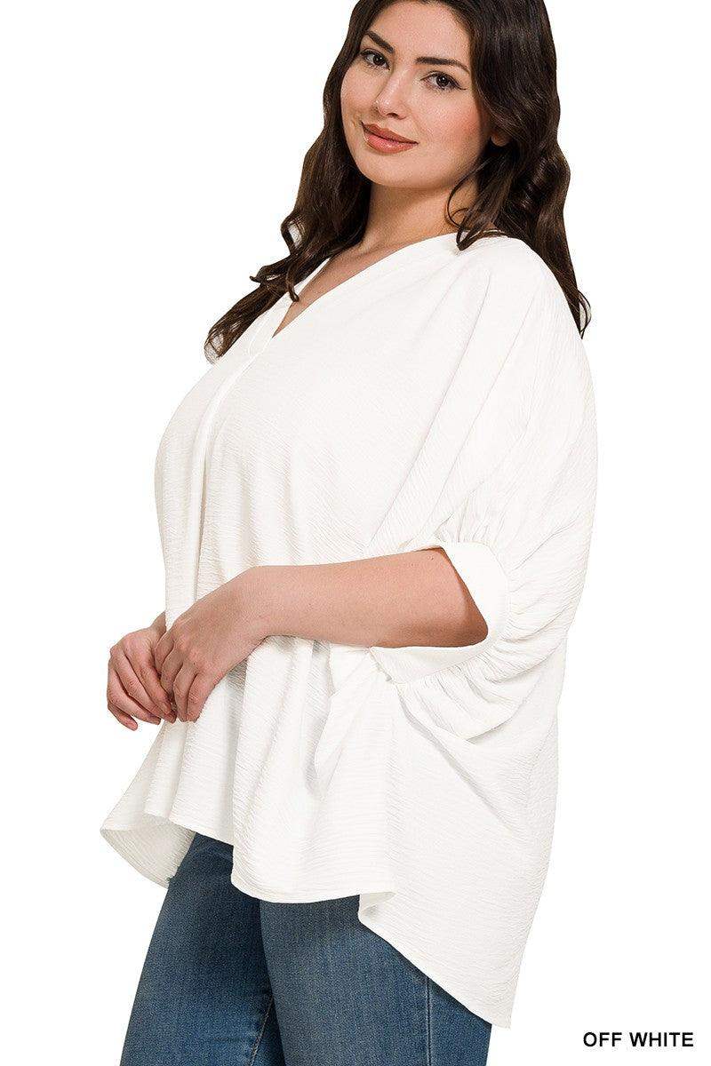 PLUS WOVEN AIRFLOW V-NECK PUFF HALF SLEEVE TOP - Off White - Esme and Elodie