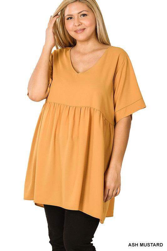 PLUS WOVEN HEAVY DOBBY EMPIRE WAIST SHIRRING TOP in Light Mustard - Esme and Elodie